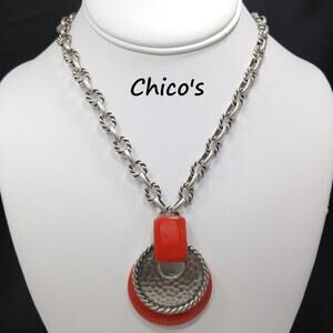 Chico's Red Enamel & Silver Tone Pendant Necklace, 20 Inches